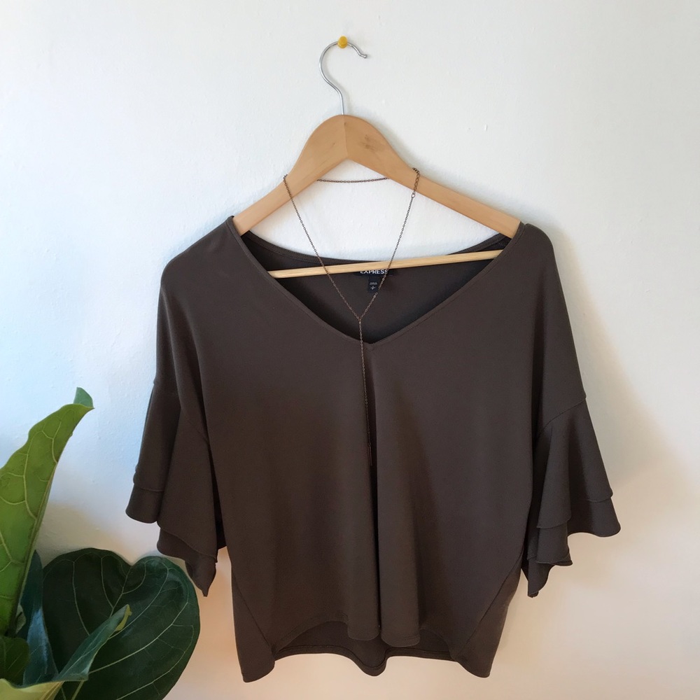 Olive/army green flutter sleeve vneck top, Express